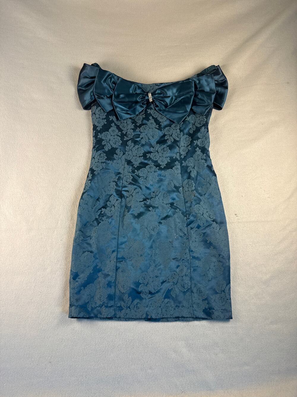 Vintage By Choice Dress Womens 9 Blue Off Shoulder Jacquard Floral Elegant Mini